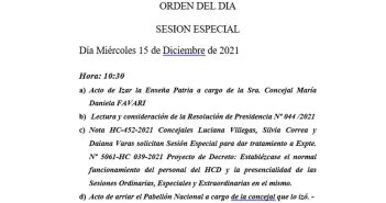 ORDEN DEL DIA SESIÓN ESPECIAL MIERCOLES 15/12